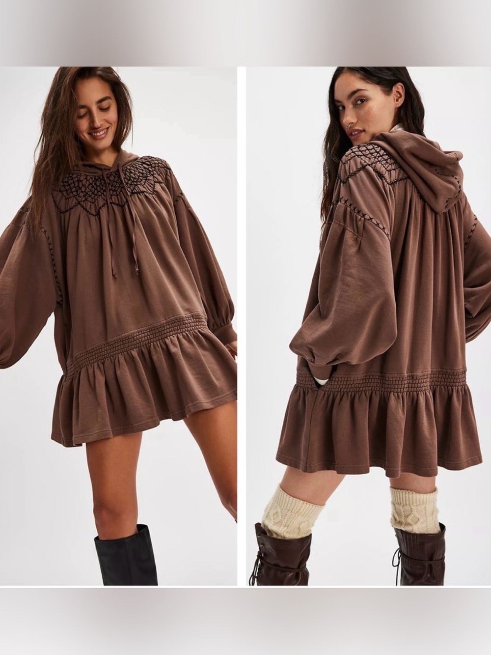 🤎 NWT Free People Marty Smocked Hooded Dress Brown Embroidered Boho Medium